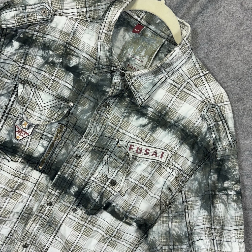 FUSAI Jeans Shirt Mens XXL Gray Black Plaid Pockets Roll Tab Sleeve Y2K
